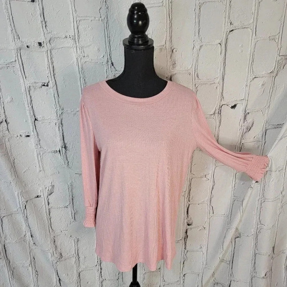 BLUSH‎ Pink Smocked Stretchy Cuff Rounded Neck 3/4 Sleeve Blouse Womens Large - Picture 1 of 8